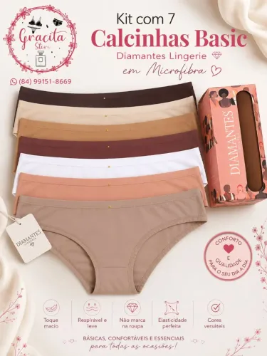 Kit com 7 Calcinhas Básicas em Microfibra Diamantes Lingerie