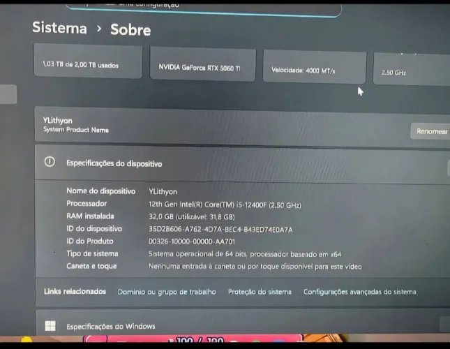 PC gamer com 5060 TI e DDR5