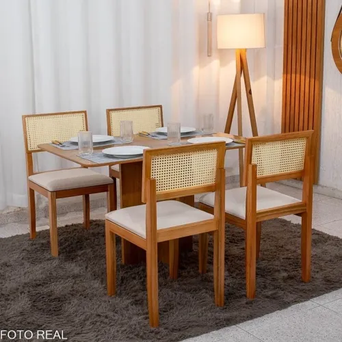 Mesa de Jantar 120x80 + 4 Cadeiras Tela Linho Bege rf3