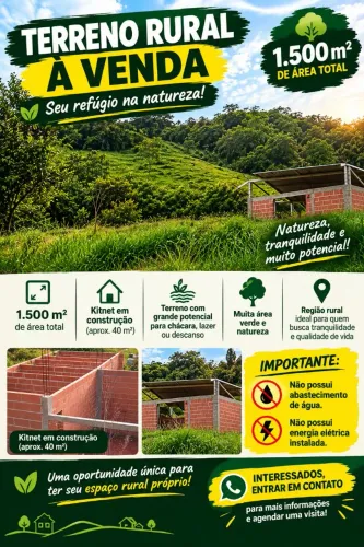 TERRENO RURAL À VENDA - Área total 1.500 m² Proximo APAE Sao Geraldo