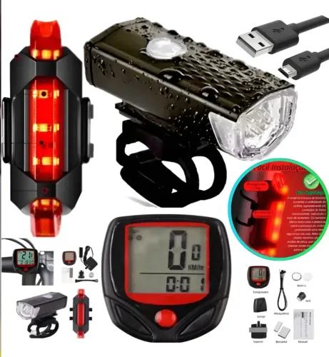 Kit Farol Bicicleta dianteiro/trazeira + velocímetro