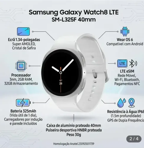 Samsung galaxy watch8 smartwatch 40mm LTE caixa prata pulseira branca