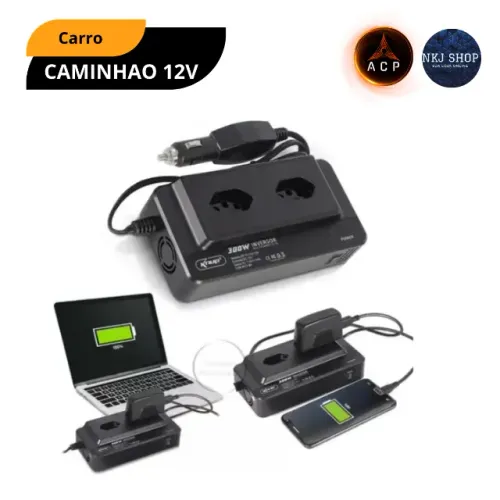 Inversor Tensão 12V para 110V 300W com 4 Portas USB Carrega Celular Notebook Carro Viagem