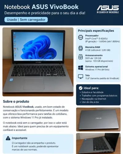 Notebook ASUS VivoBook - Core i5 | SSD 128GB | Windows 11 Pro
