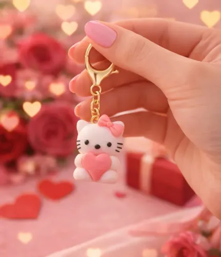 Chaveiro Hello Kitty com coração rosa/pink presente de Dia dos namorados