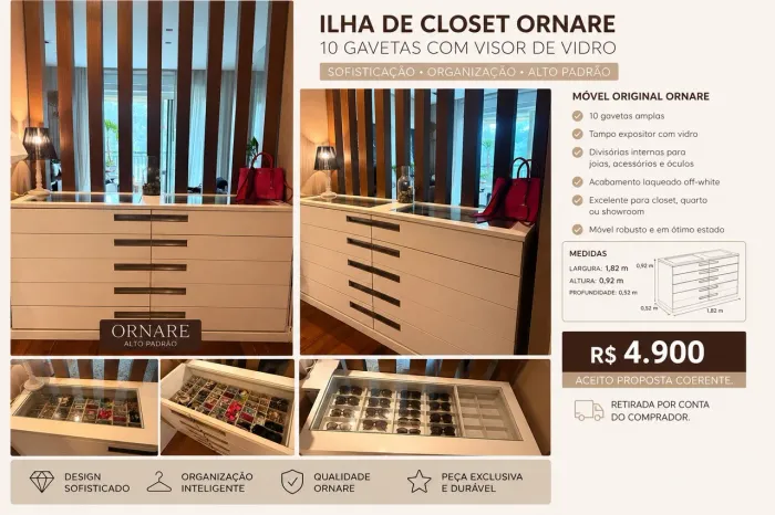 Ilha de Closet Ornare 1,82m com 10 Gavetas e Visor de Vidro