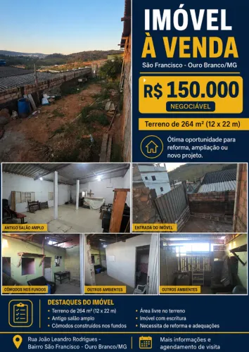 Imóvel com terreno de 264 m² no São Francisco - Ouro Branco/MG