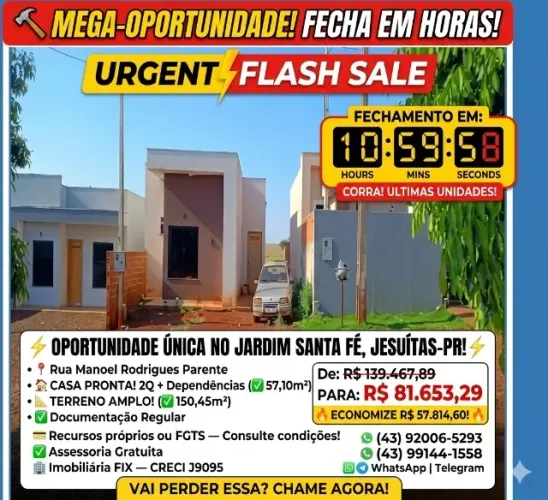 ? FECHA EM HORAS! CASA 2Q + TERRENO 150m²! JESUÍTAS-PR! leilão aberto