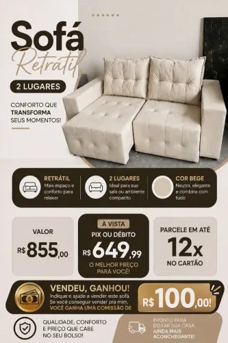 SOFÁ RETRÁTIL BEGE 650$ Á VISTA