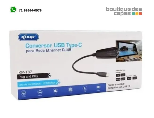 Adaptador Conversor Tipo C para Rj45 Knup Kp-t87 notebook macbook