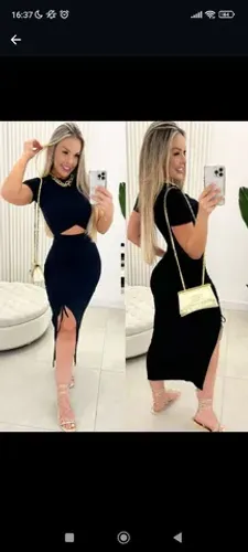 vestido midi preto super lindo com recorte cintura e fenda lateral. Promoção