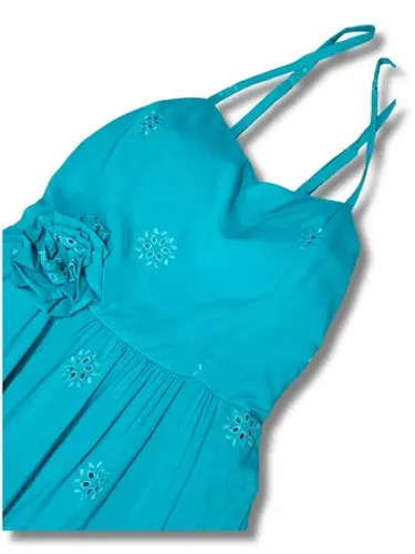 Vestido Feminino Laise Azul Tiffany Midi Bordado Bojo