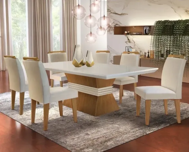 Mesa Ágata 180 Canto Reto Imbuia/Off White com 6 Cadeiras tt65