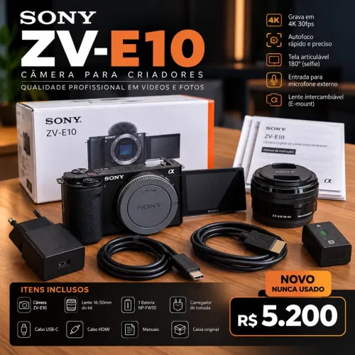 Sony ZV-E10 Nova, Nunca Usada, com Caixa e Acessórios