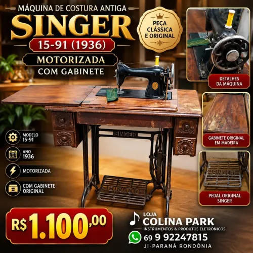 RARIDADE! MÁQUINA DE COSTURA SINGER 15-91 (1936) ? À VENDA! ?<br>