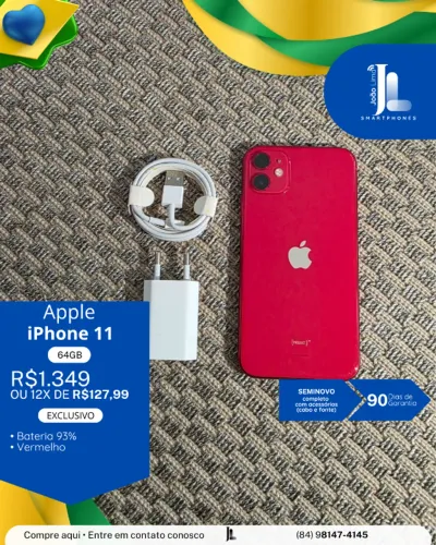 IPHONE 11, 64GB, VERMELHO, SEMINOVO, BATERIA 100%, SEM CAIXA, EXCLUSIVO!