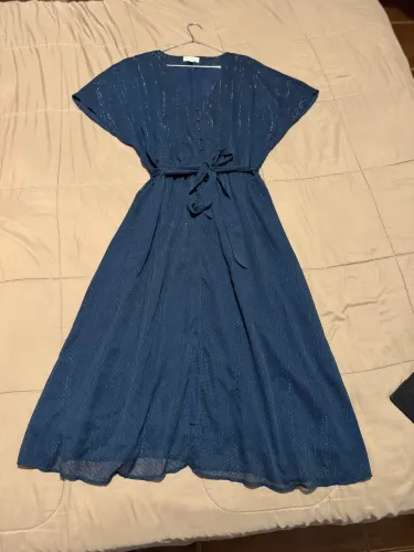 Vestido azul Dudalina com fios prata manga morcego