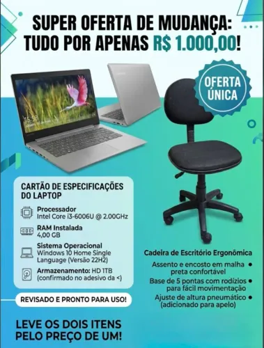 ? DESAPEGO TOTAL: Notebook Lenovo + Cadeira de Escritório (TUDO POR R$ 1.000)
