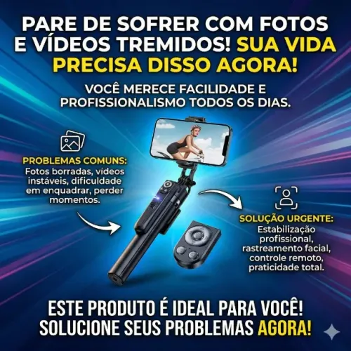 Tripé Estabilizado Facial Câmera Celular Selfie Gimbal PEI-SK05 Preto com Rastreamento IA