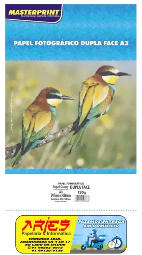 PAPEL FOTO GLOSSY DUPLA FACE A3 120G 20 FOLHAS MASTERPRINT