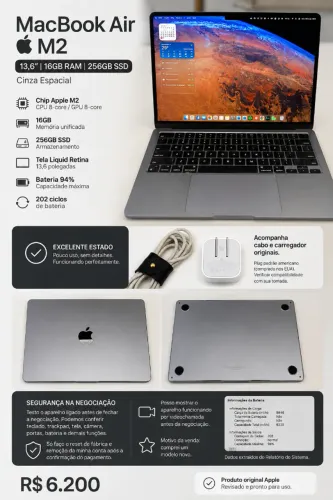 MacBook Air M2 13,6" | 16GB | 256GB | Bateria 94% | 202 ciclos