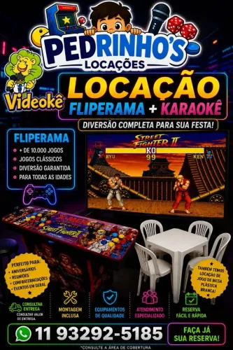 Locação de kit mesa e cadeiras, karaoke, Fliperama
