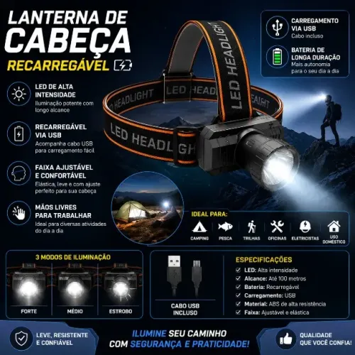 Lanterna de cabeça recarregável ( produto novo ) poucas unidades