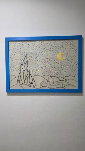 Bordado Artesanato Emoldurado MDF Vidro Feito à Mão - Van Gogh Noite Estrelada