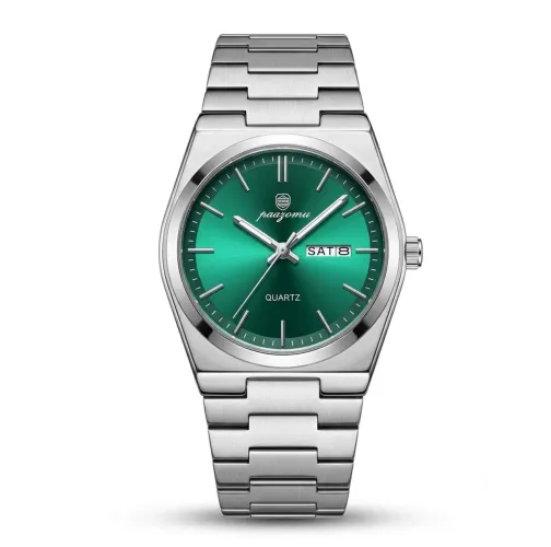 Relógio Paazomu Clássico PJ936 Verde Profundo Aço Inoxidável Pulseira Inox Prata Premium
