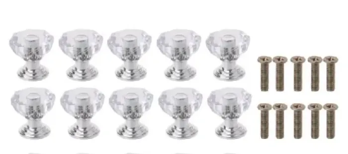 Kit com 10 puxadores de acrílico transparente em formato de cristal.