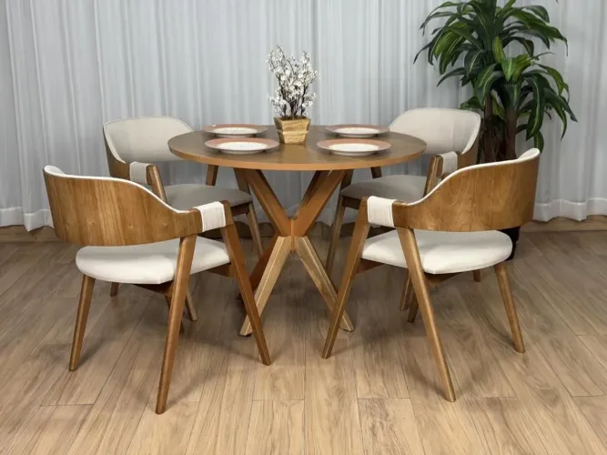 Mesa de Jantar Tampo Redondo 108x108cm com 4 Lugares Linho Bege 