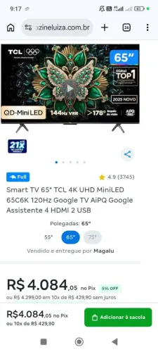 Tv 65" polegadas 2 semanas de uso