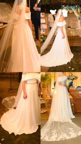 Vestido De Noiva Ombro A Ombro + Véu Longo + Laço