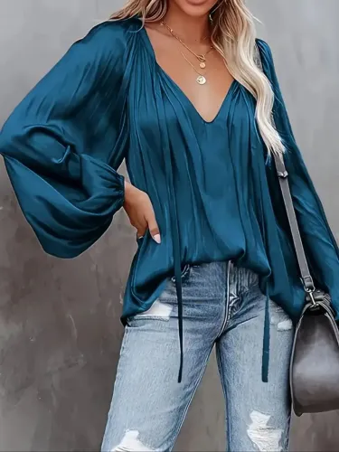 Blusa plus size de seda azul 