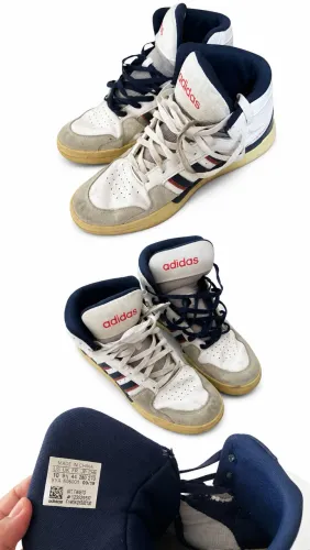 Adidas Entrap Mid nas cores branco, azul e vermelho.