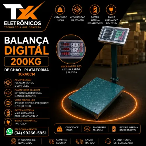 Balança Plataforma 200kg - Balança digital de Chão 200kg Bivolt Baterial Painel de Led