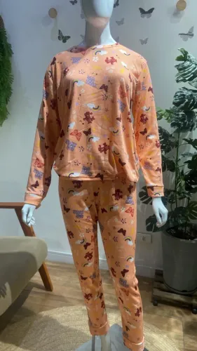 Pijama Feminino Adulto Em Suede Canelado Estampado
