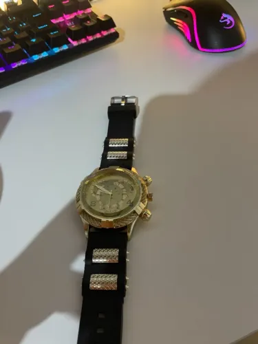 Relógio Masculino Grande Dourado Cronógrafo Pulseira Borracha Preta