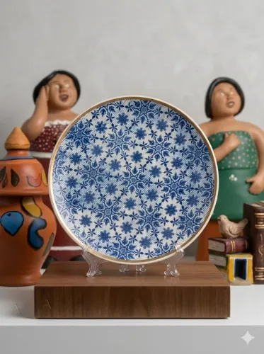 Prato Decorativo Estampa Mosaico Azul e Branco