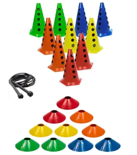 Kit Treino Funcional 10 Pratos Chinês + 10 Cones Furados 23cm + Corda Fitness z1540