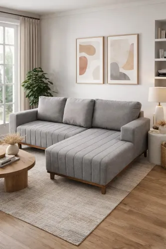 Sofá Alto Padrão Linho Cinza Com Chaise Fixa MOSTRUÁRIO
