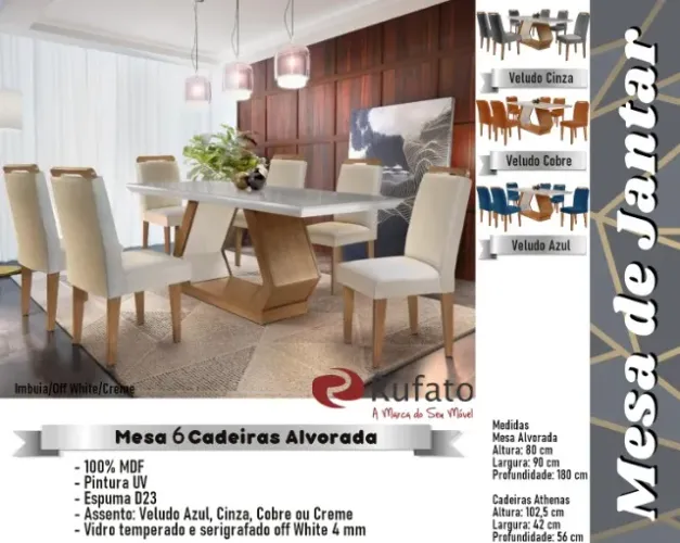 sala mesa jantar tampo de vidro 6 cadeiras