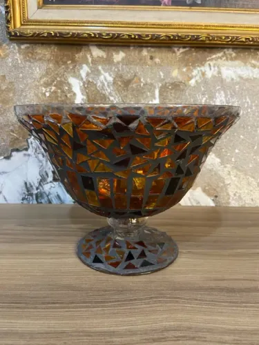 Antiga Taça de Mesa Vintage | Mosaico | Âmbar com Doces de Vidro | Antiguidades