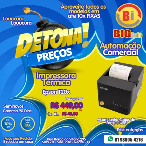 Impressora Termica de Recibos Epson TM - T20X Serial-USB - Em ate 10x Fixas