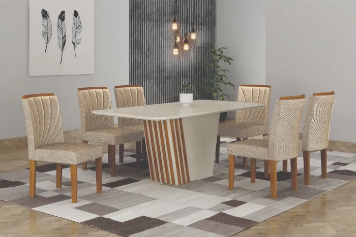 Mesa de jantar liz 6 cadeiras com tampo de vidro lackeado cantos boleados em Promoção!