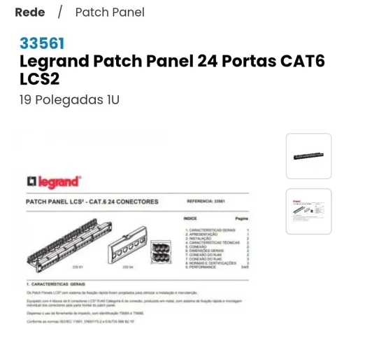 Patch Panel Legrand 24 Portas CAT6 LCS2 19 Polegadas 1U