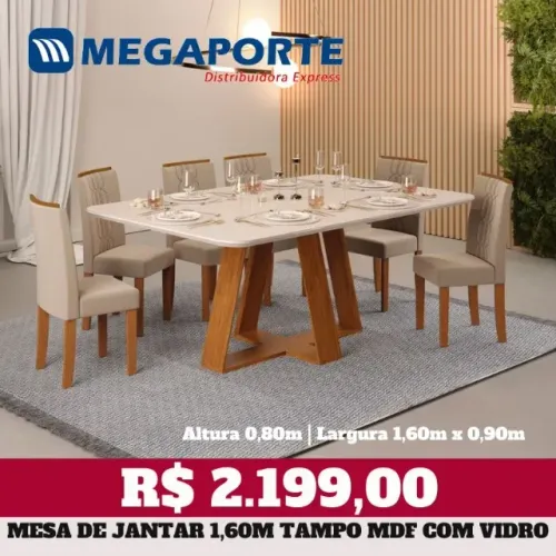 Mesa de Jantar 6 Cadeiras com Tampo de Vidro 1,60m (Novo) Entrega Grátis!