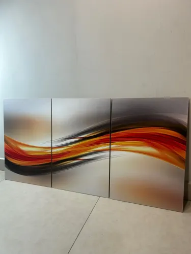 Quadro Abstrato Triplo - Decoração Moderna Ondas Laranjas 60x40