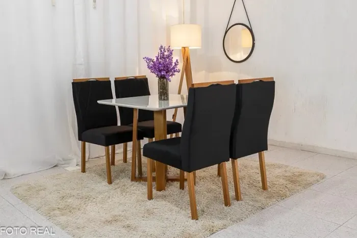 Mesa de Jantar Mel Vidro Off 90×90 4 Cadeiras Madeira Maciça rf65