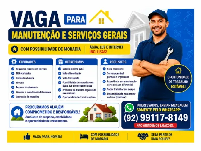 CONTRATA-SE PARA MANUTENÇÃO E SERVIÇOS GERAIS (COM MORADIA)